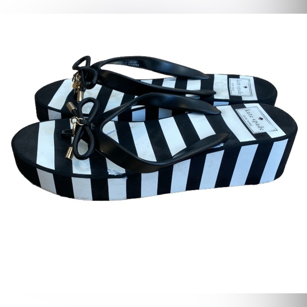 Kate Spade Rhett Platform Wedge Thong Flip Flop Sandals 7 Black White Stripe B13